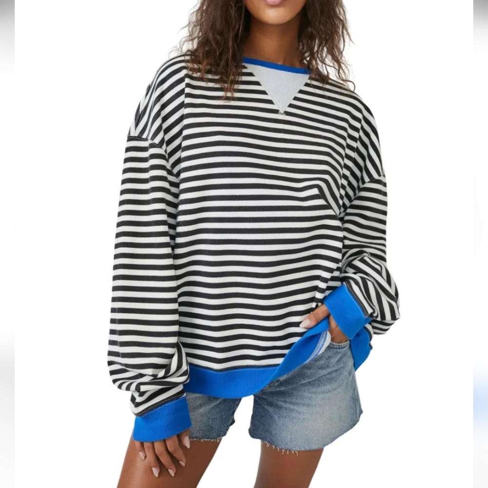 New Boho Oversized Stripe Top In Blk/White/ Blue Combo Size Large